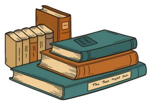 Nine books arranged in a row and a column.